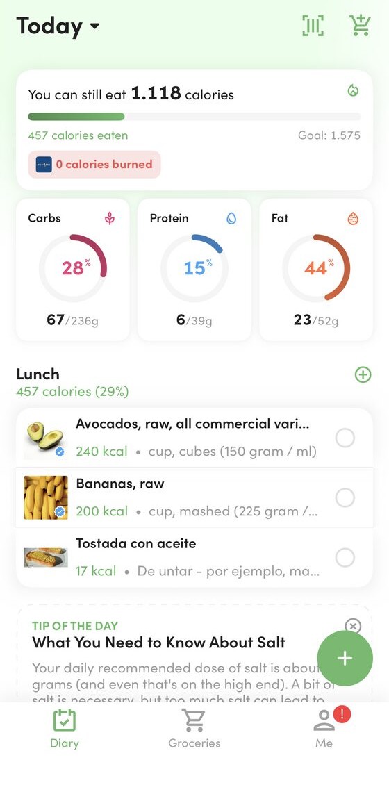 App real de nutrición: calorías, proteínas, carbohidratos y grasa