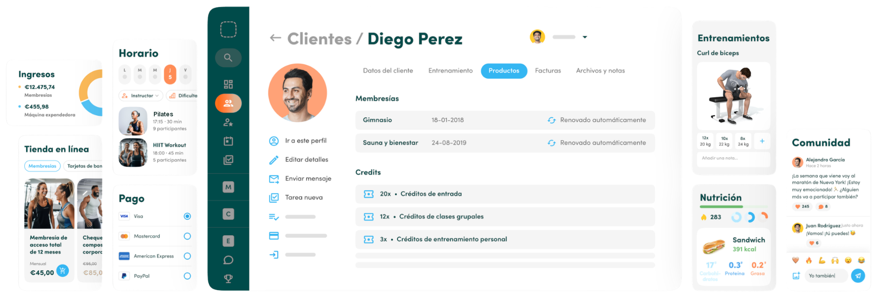 Pantallas de tu app: ingresos, tienda en línea, horario con clases de pilates, pagos, ficha de cliente, entrenamientos, nutrición y comunidad