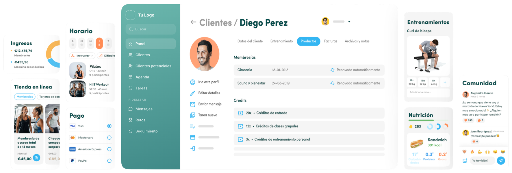 Pantallas de tu app: ingresos, tienda en línea, horario con clases de pilates, pagos, ficha de cliente, entrenamientos, nutrición y comunidad
