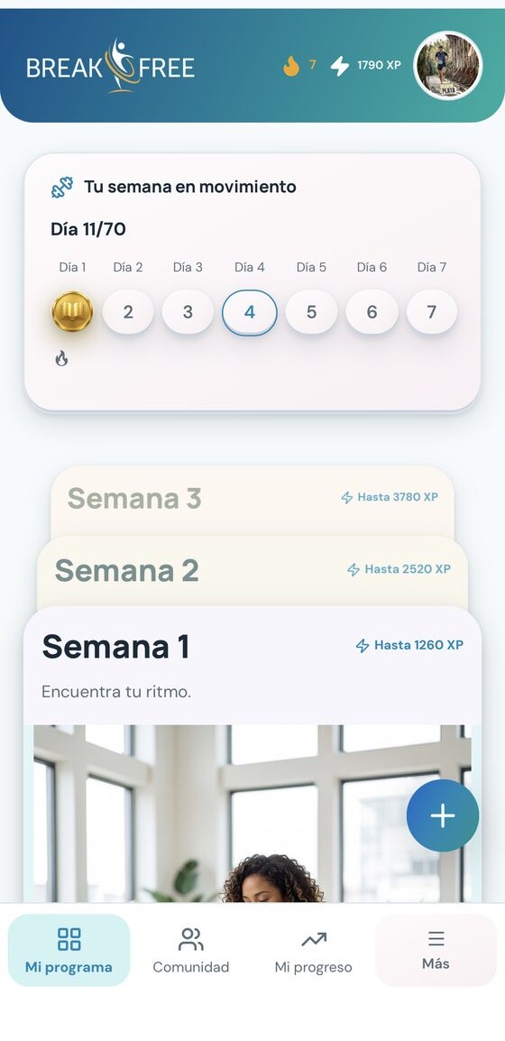 App real de Break Free: programa por semanas, XP y progreso del día
