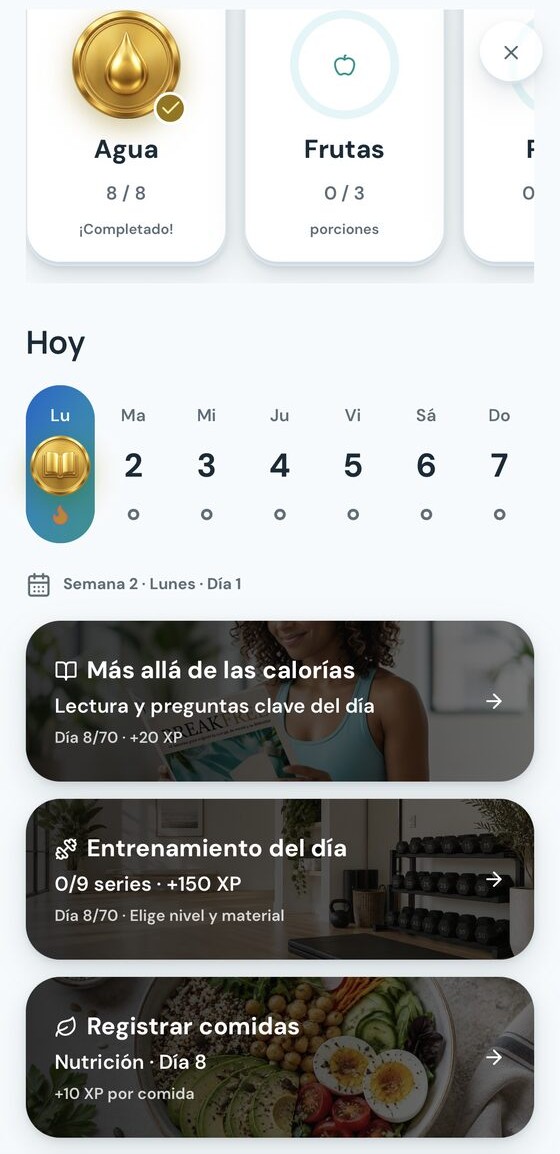 App real de Break Free: hábitos de agua y frutas con el entrenamiento y la lectura del día